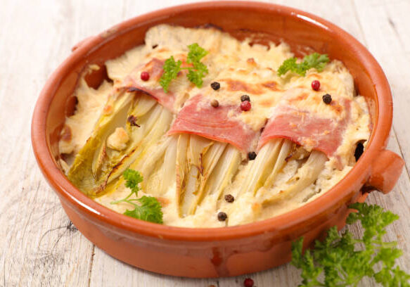 baked chicory with ham and cream